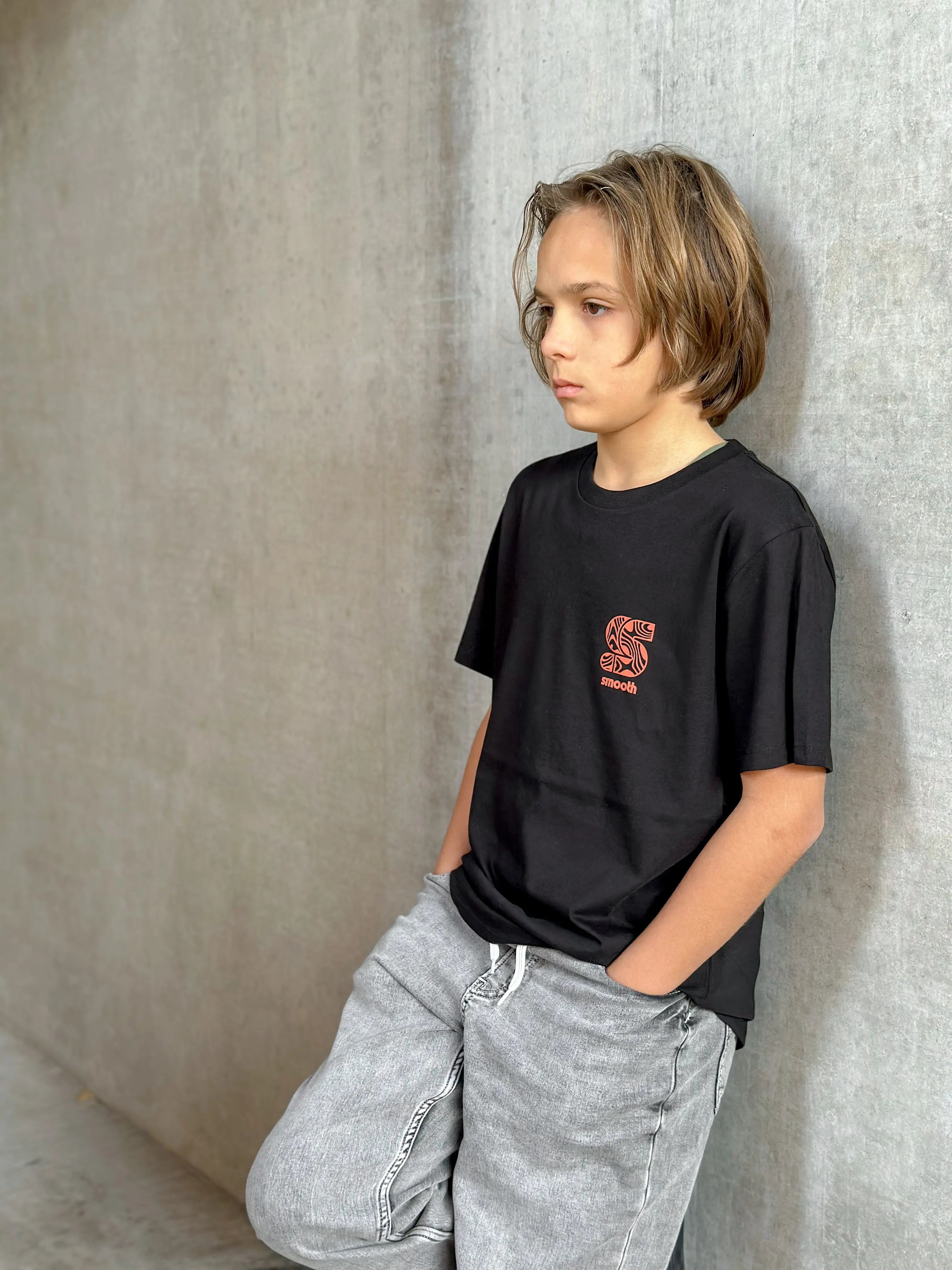 Black Kids T / S Pattern Copper Front Boys