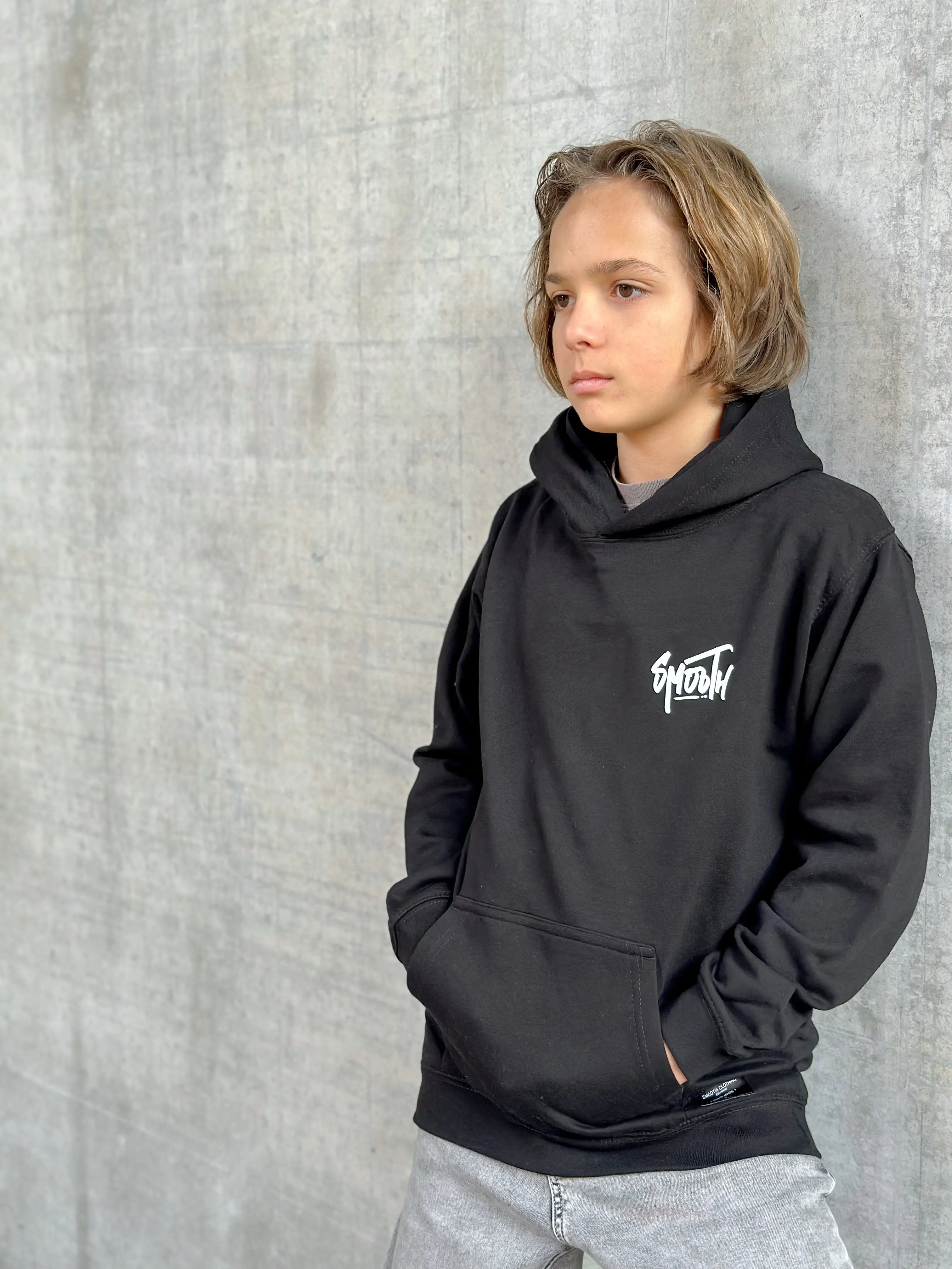 Black Kids Hoodie / Dainty White Front+Back Boys