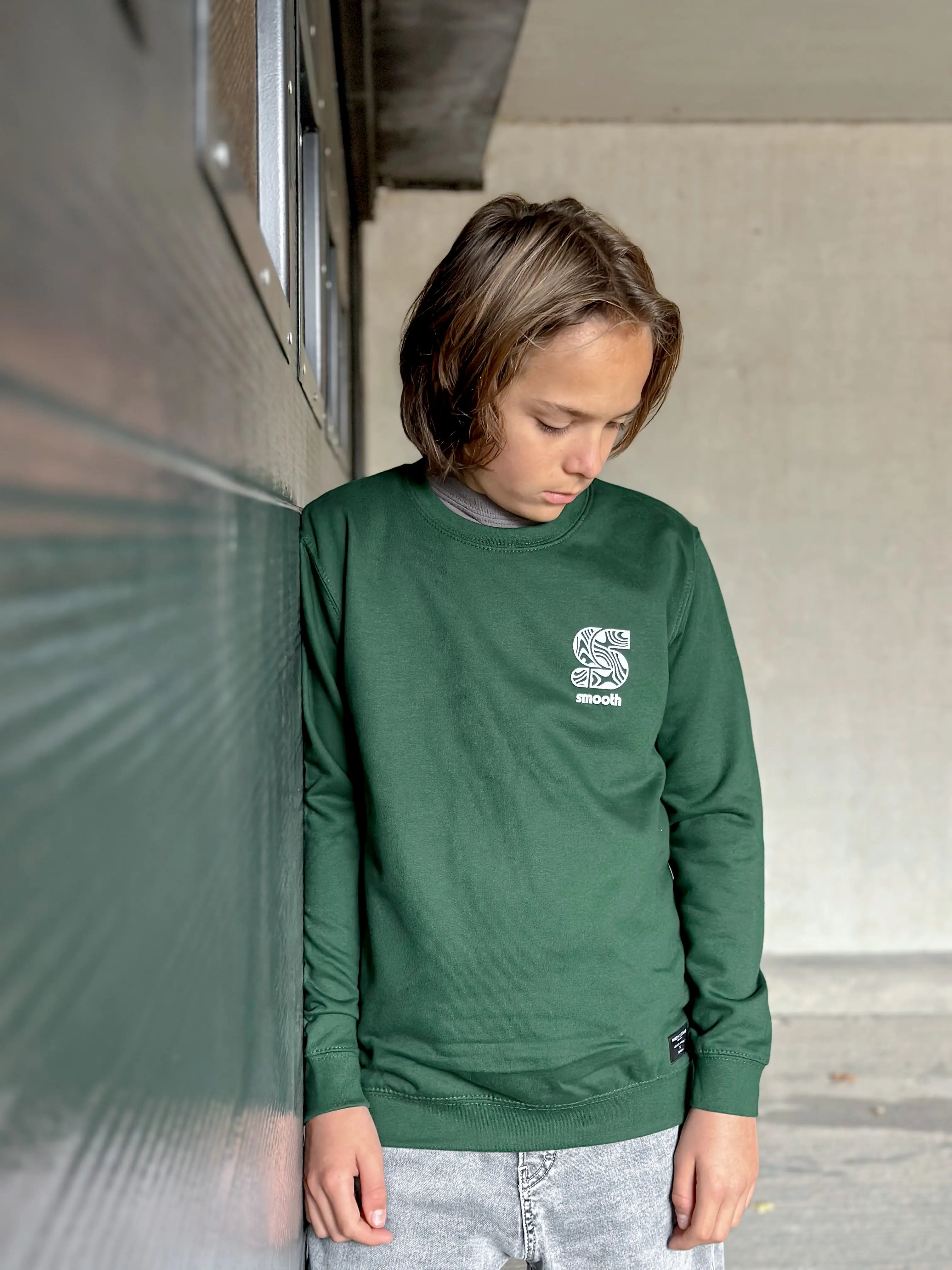 Bottle Green Kids Crew / S Pattern White Front Boys